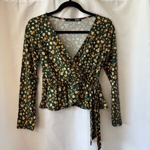 Rebel Sugar Floral Wrap Top in Green and Gold
